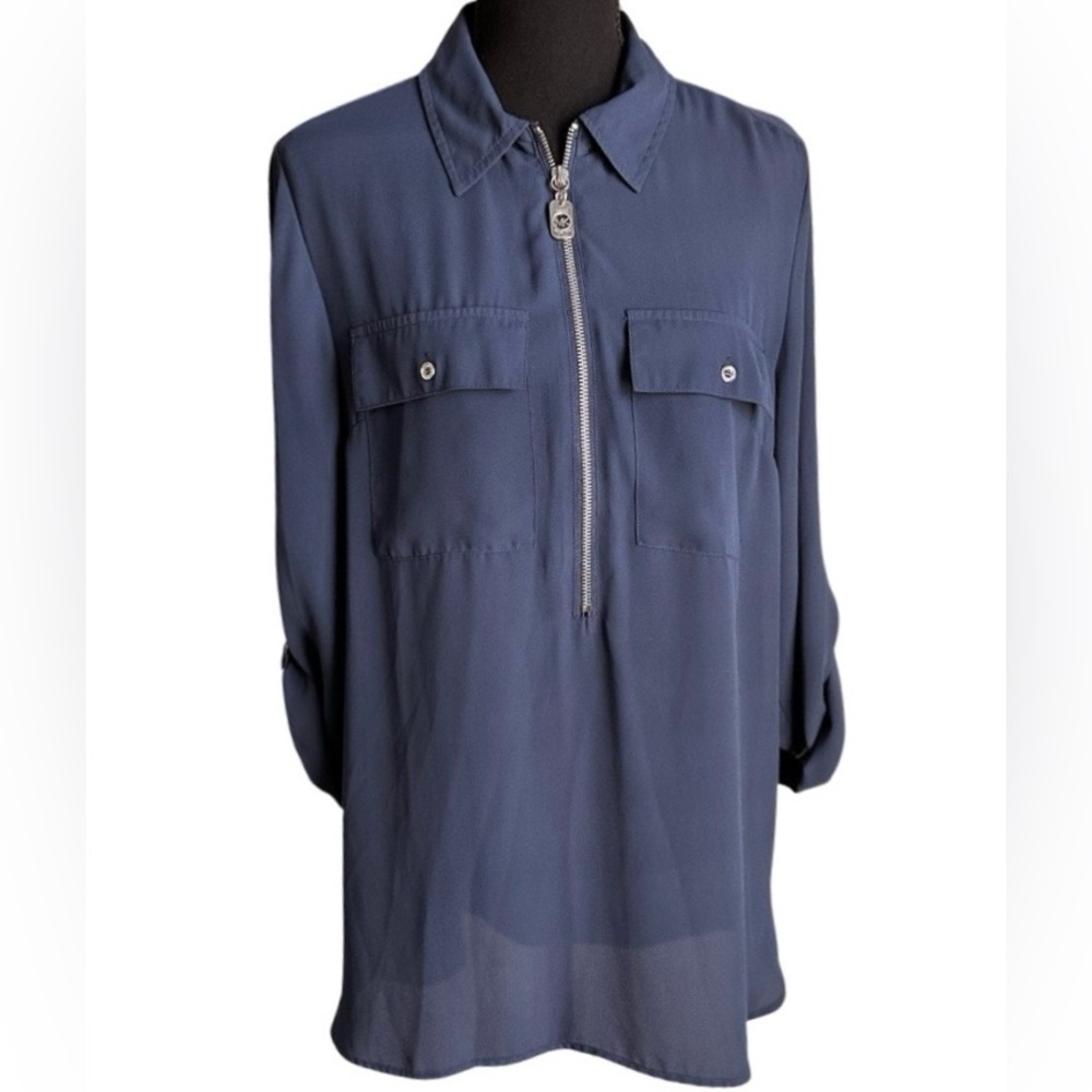Michael Kors Blue Woman Tie Sleeve Large Authentic 1/2 Zip Shirt